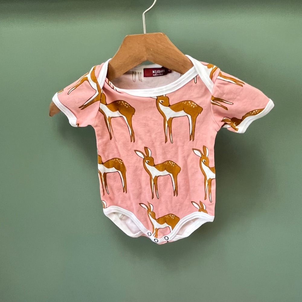 Milkbarn Baby Pink Deer Print Short Sleeve Bodysuit 3-6 Months Organic Cotton